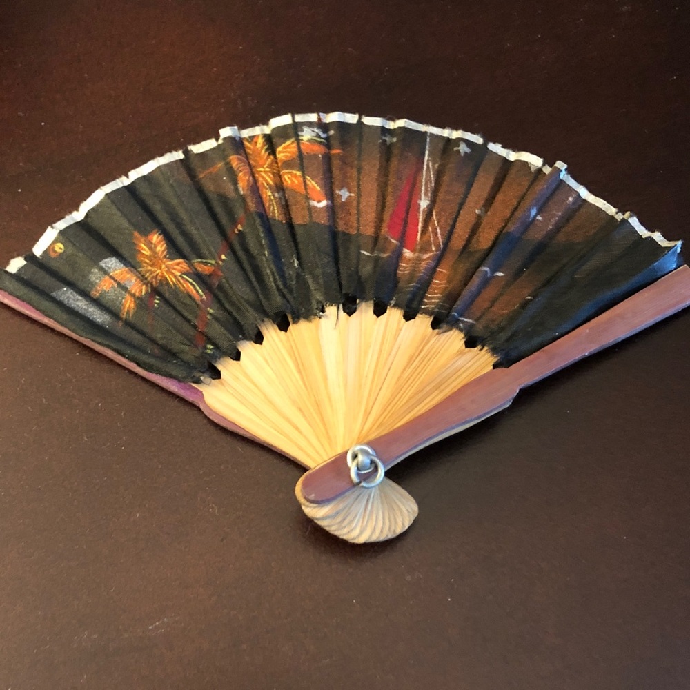 Vintage Miniature Folding Fan in Black and Natural Wood